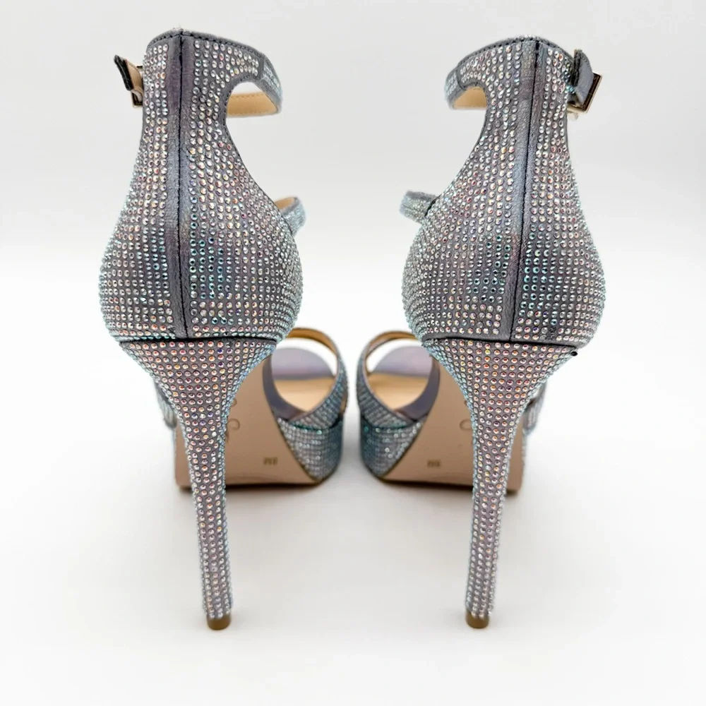 Jessica Simpson Shyremin Rhinestone Platform Stiletto Sandals Silver Glam 8 NEW